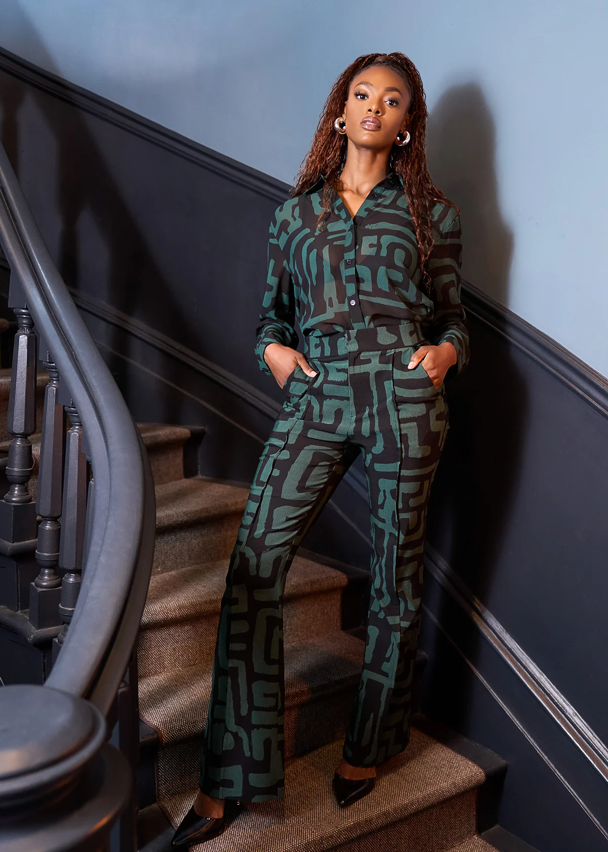 Abebe Women's African Print Stretch Wide Leg Pants (Black Malachite Geometric) - Image 2