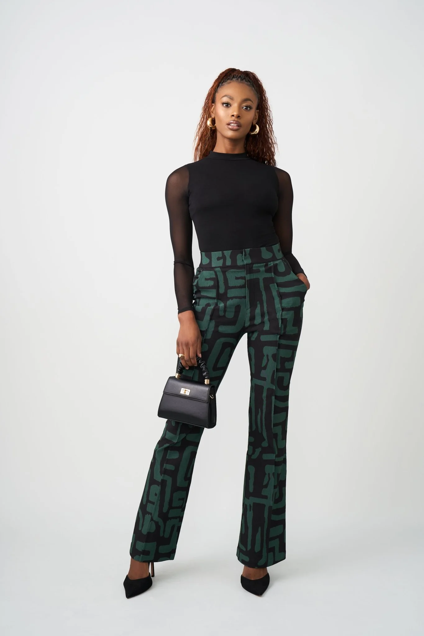 Abebe Women's African Print Stretch Wide Leg Pants (Black Malachite Geometric) - Image 5