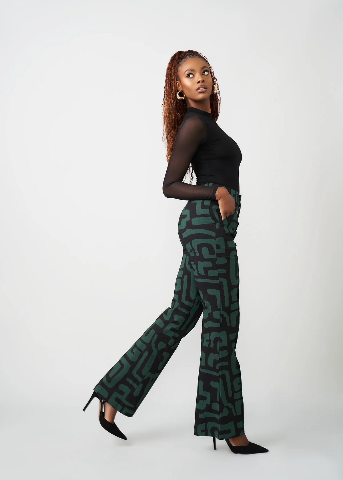 Abebe Women's African Print Stretch Wide Leg Pants (Black Malachite Geometric) - Image 6