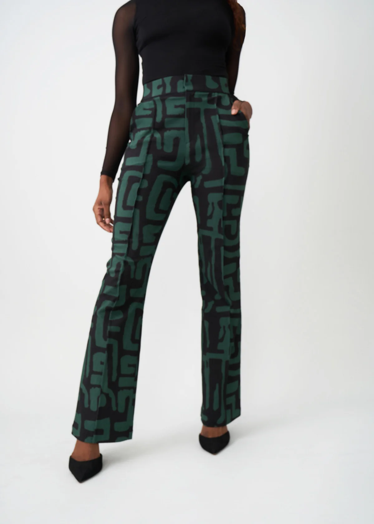Abebe Women's African Print Stretch Wide Leg Pants (Black Malachite Geometric) - Image 7
