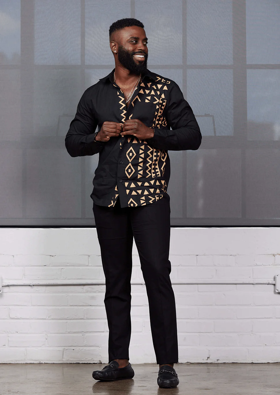 Abiade Men's African Print Button-Up (Black/Tan Black Tribal) - Image 2