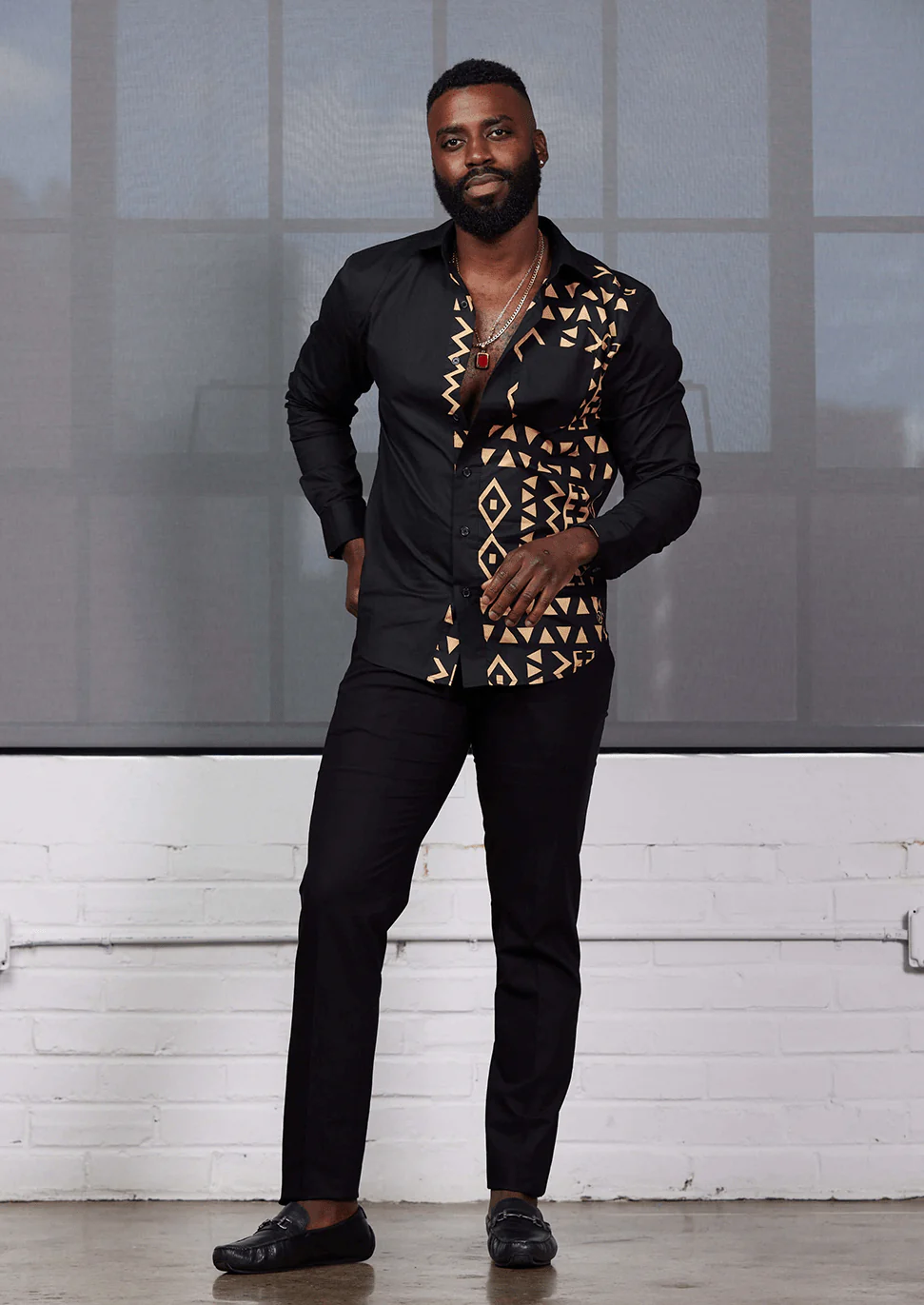 Abiade Men's African Print Button-Up (Black/Tan Black Tribal) - Image 4