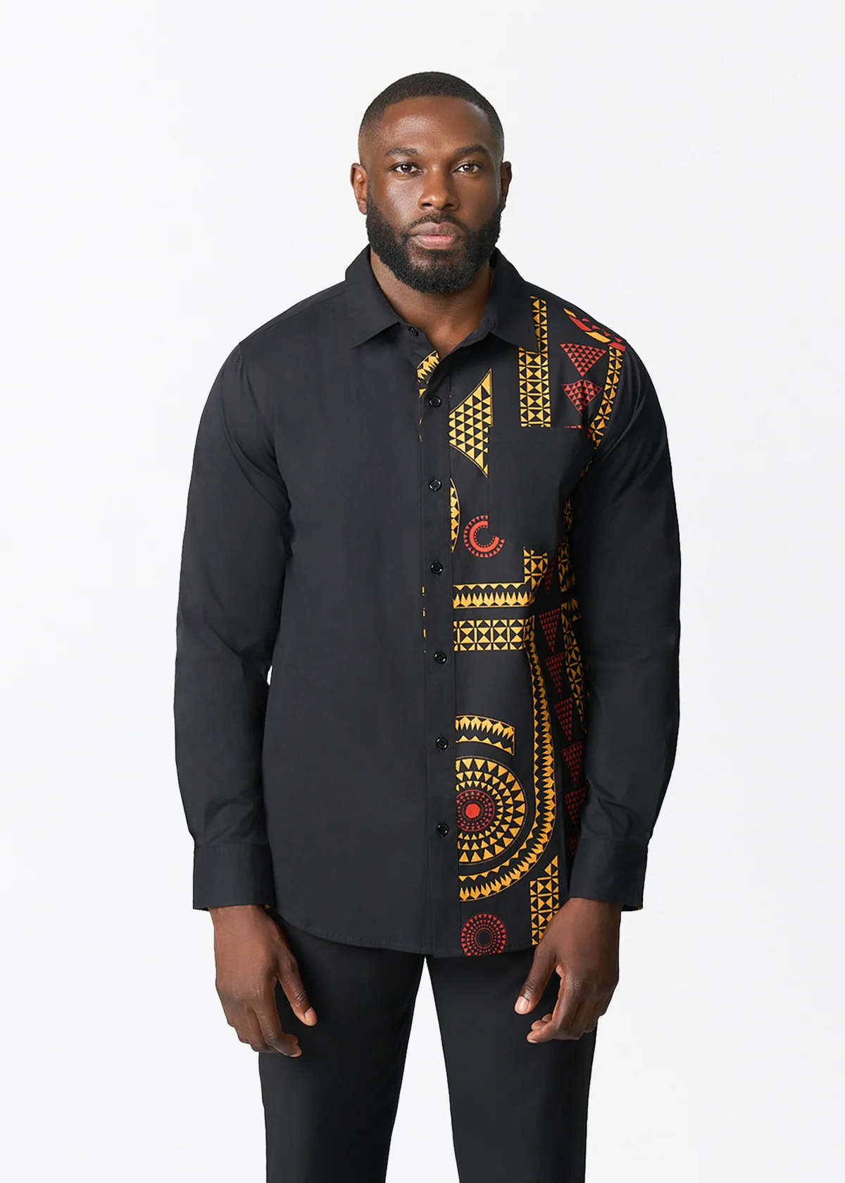 Abiade African Print Color-Blocked Button-up Shirt (Black Spice Medallion) - Image 3