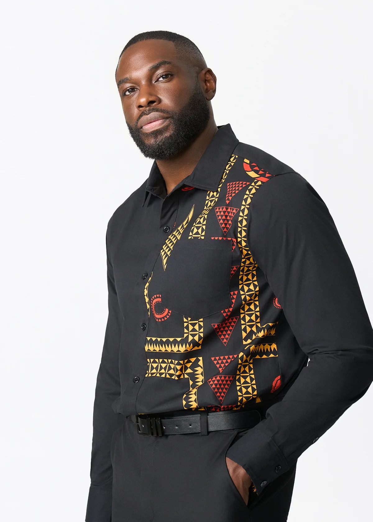 Abiade African Print Color-Blocked Button-up Shirt (Black Spice Medallion) - Image 7