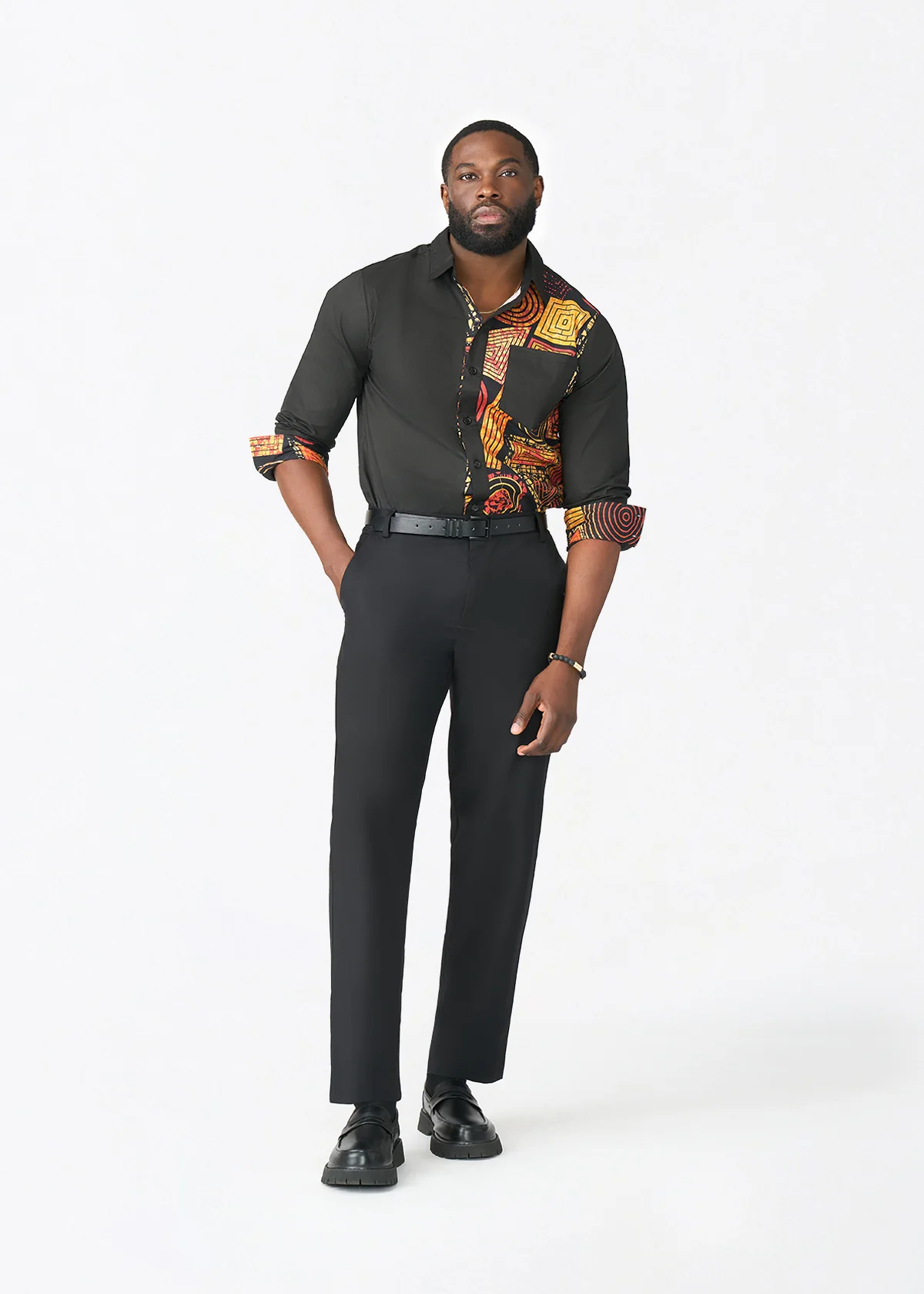 Abiade Men's African Print Button Up (Black Cinnamon Geometric) - Image 2