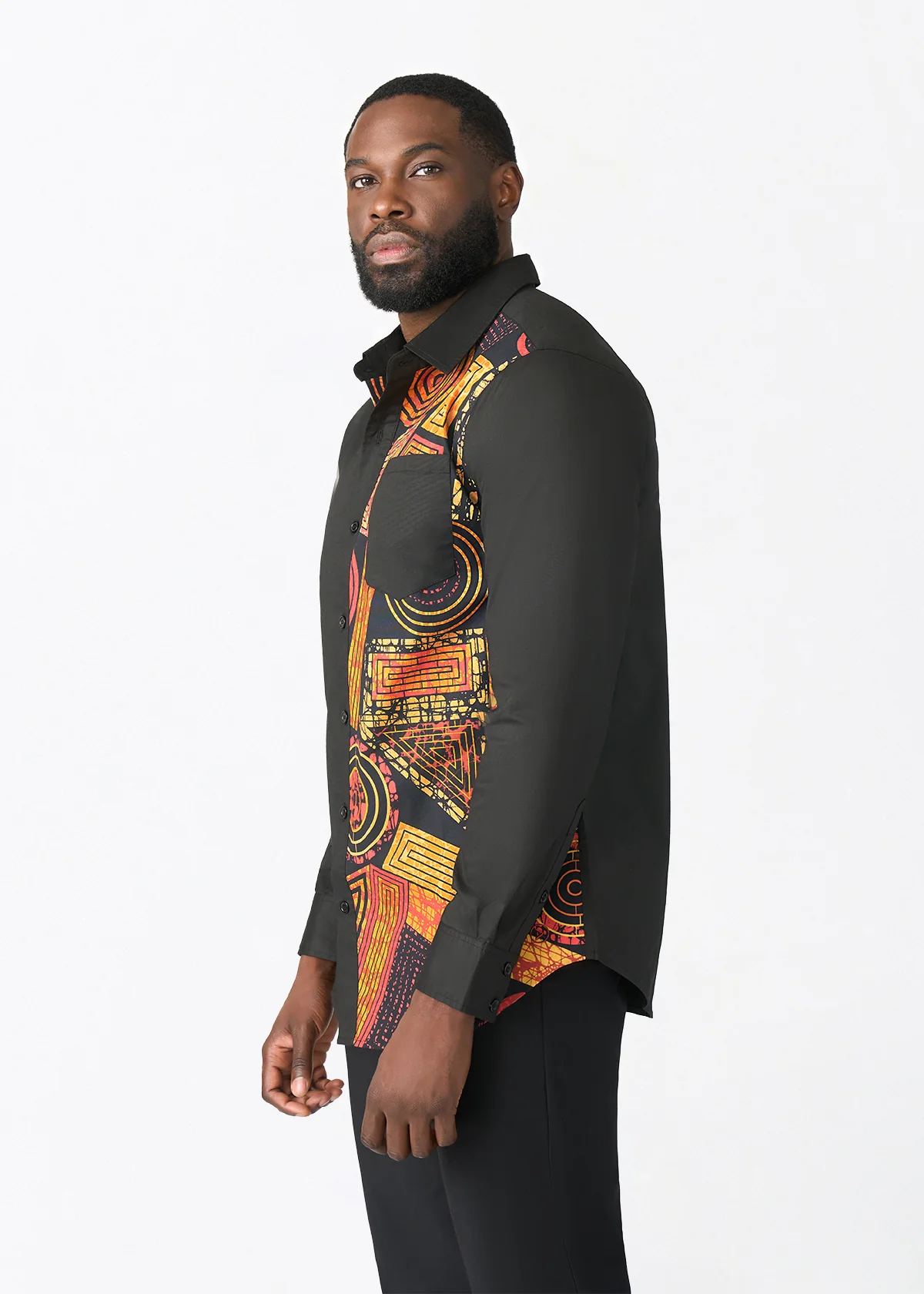 Abiade Men's African Print Button Up (Black Cinnamon Geometric) - Image 3