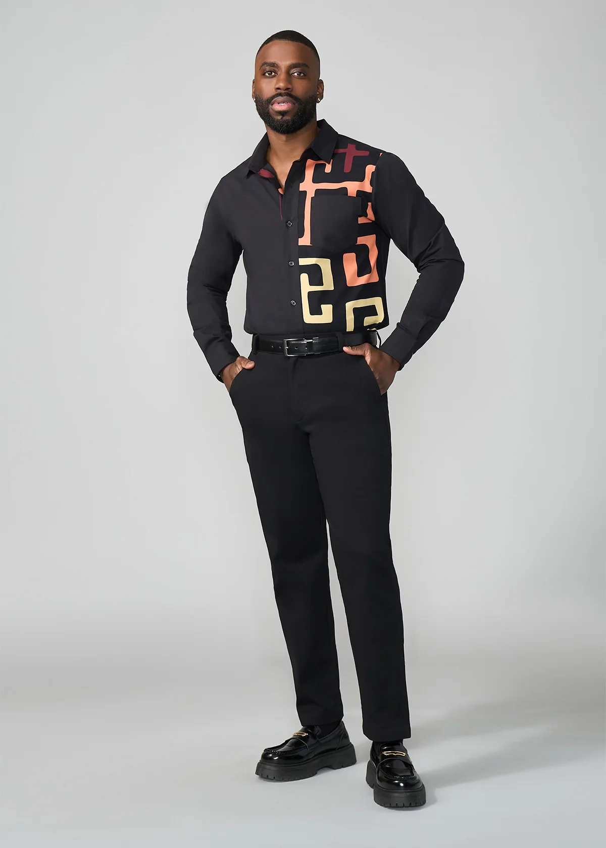 Abiade Men's African Print Button-Up Shirt (Neutral Kuba Geometric) - Image 2
