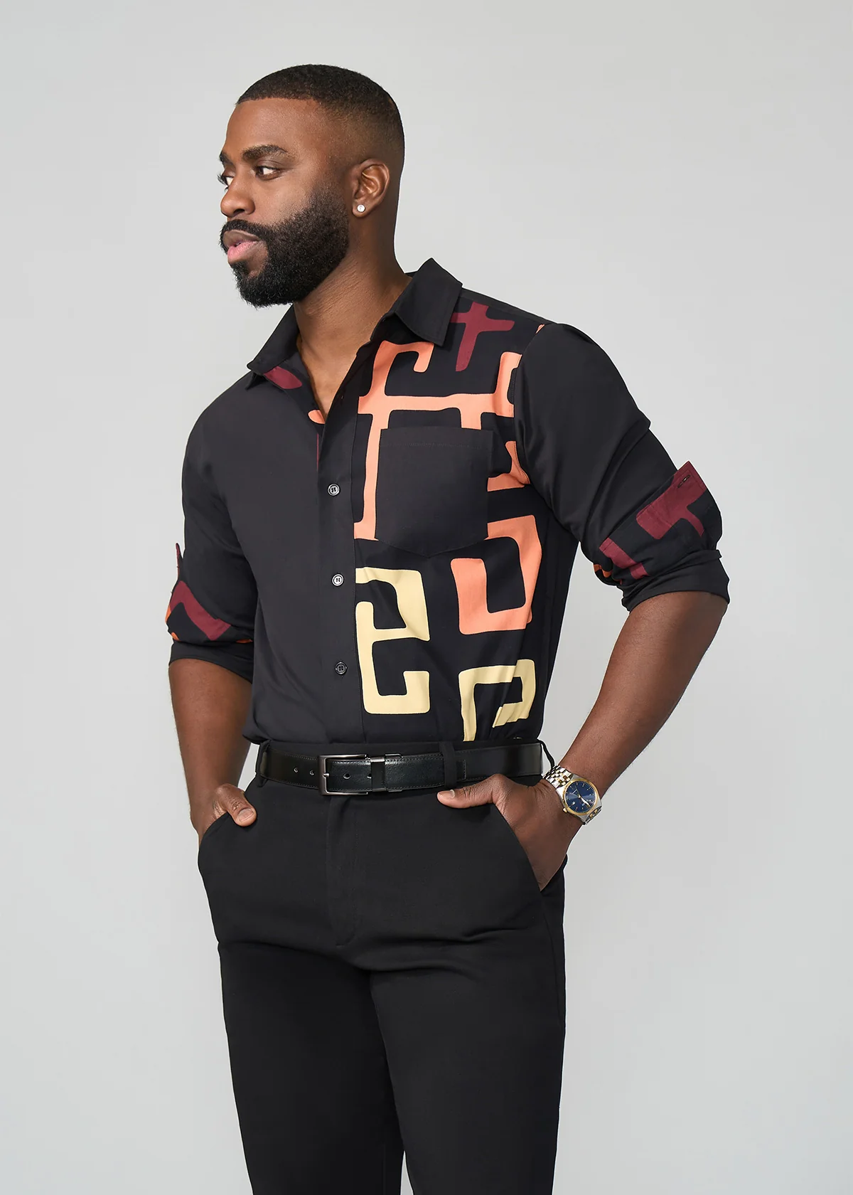Abiade Men's African Print Button-Up Shirt (Neutral Kuba Geometric) - Image 4