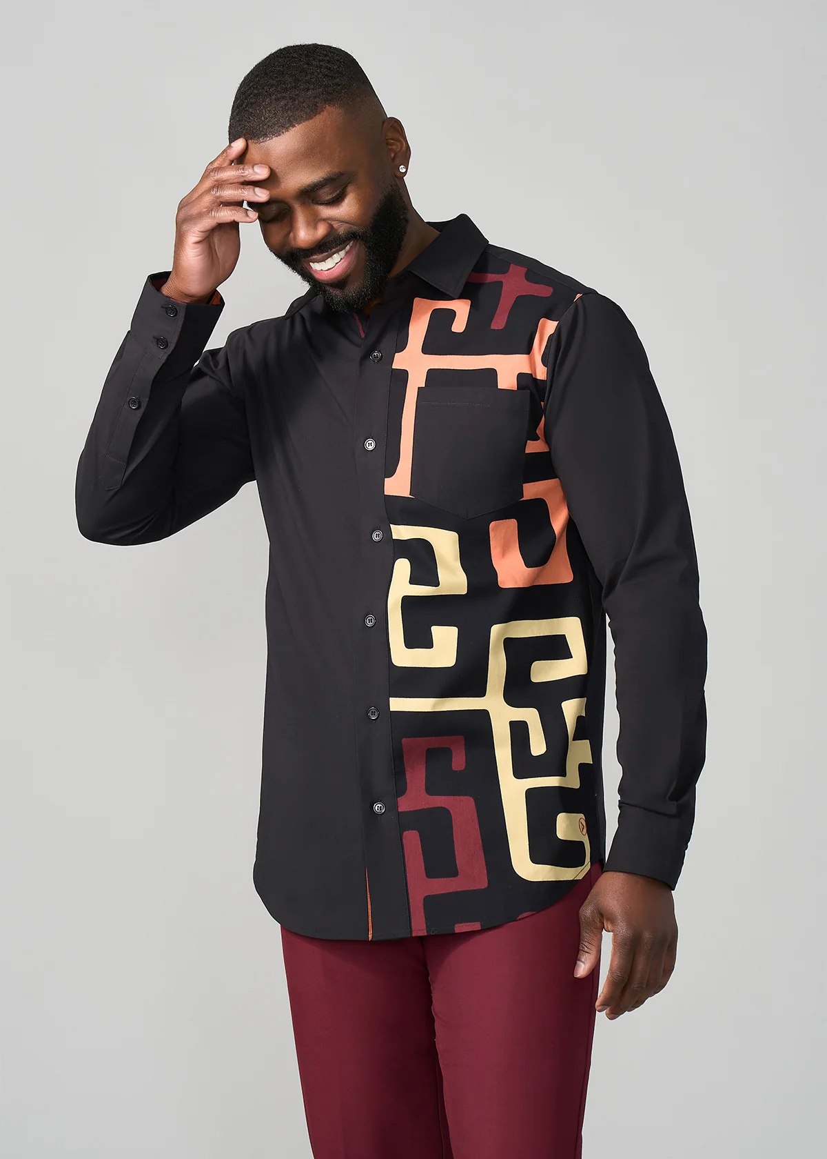Abiade Men's African Print Button-Up Shirt (Neutral Kuba Geometric) - Image 7