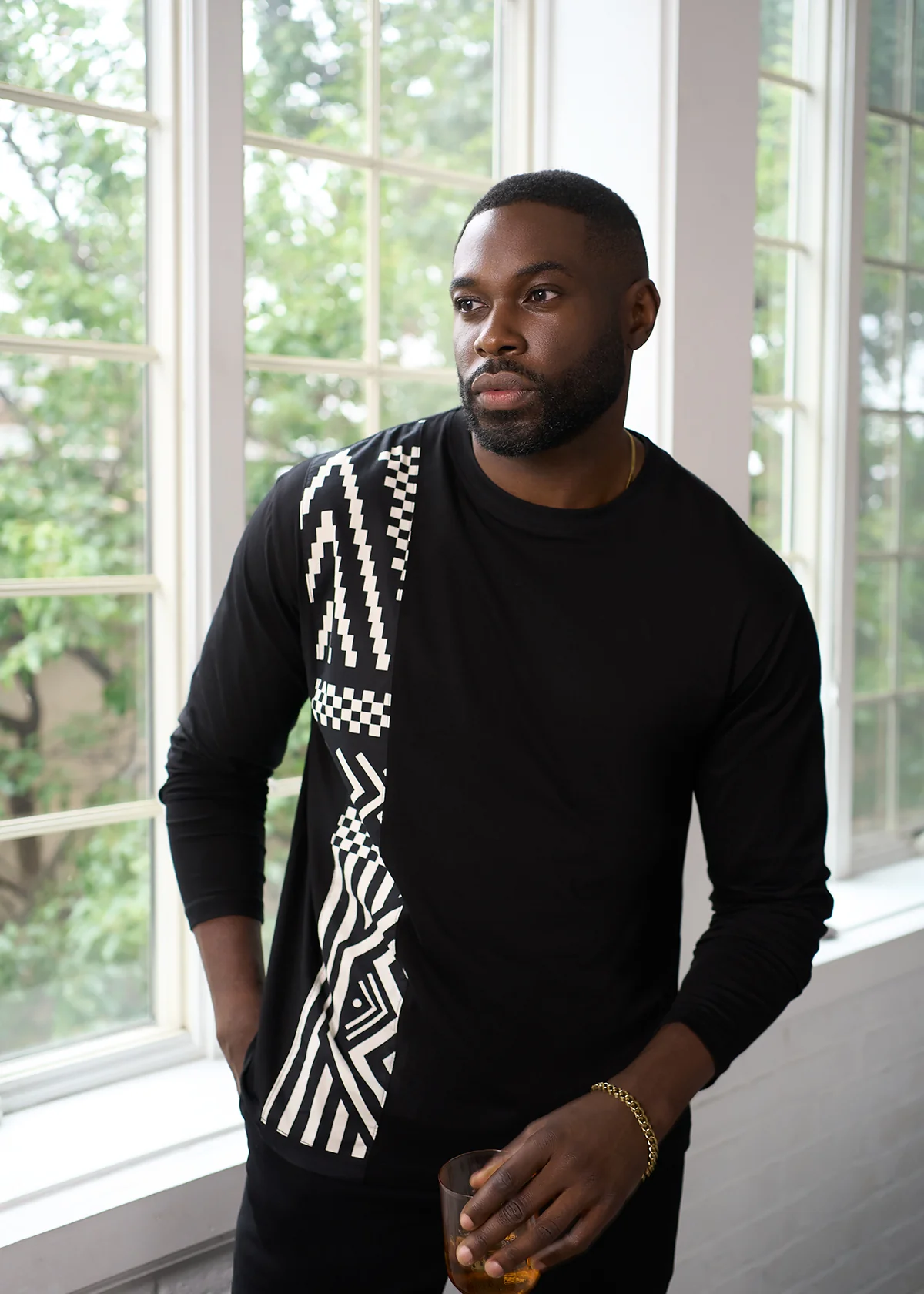 Addo Men's African Print Applique T-Shirt (Black Cream Tribal)