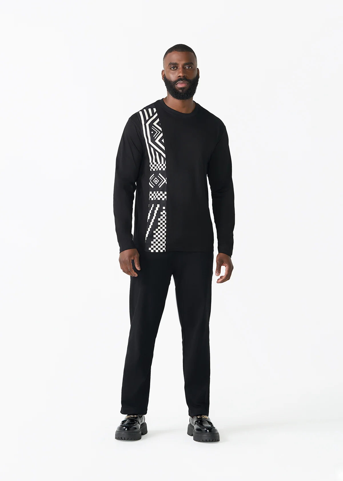 Addo Men's African Print Applique T-Shirt (Black Cream Tribal) - Image 2