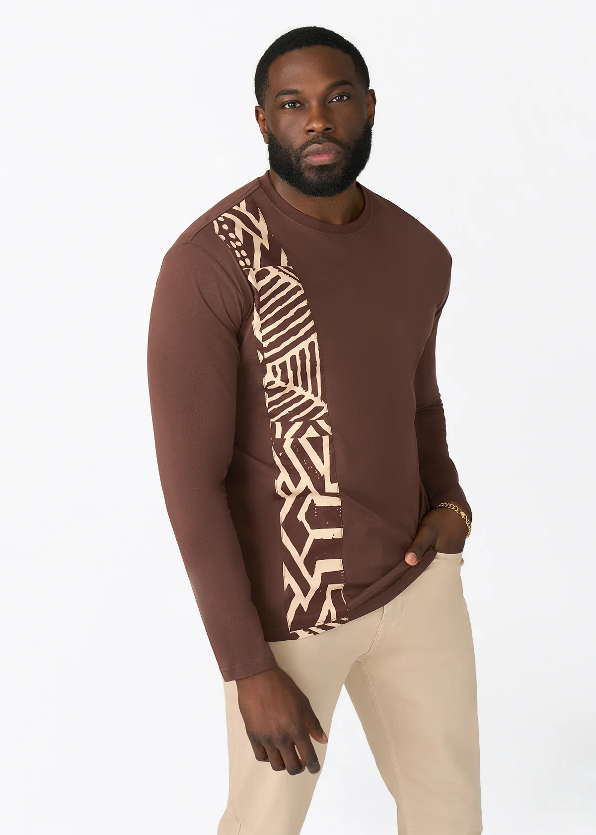 Addo Men's African Print Applique T-shirt (Chocolate Mousse Tribal) - Clearance