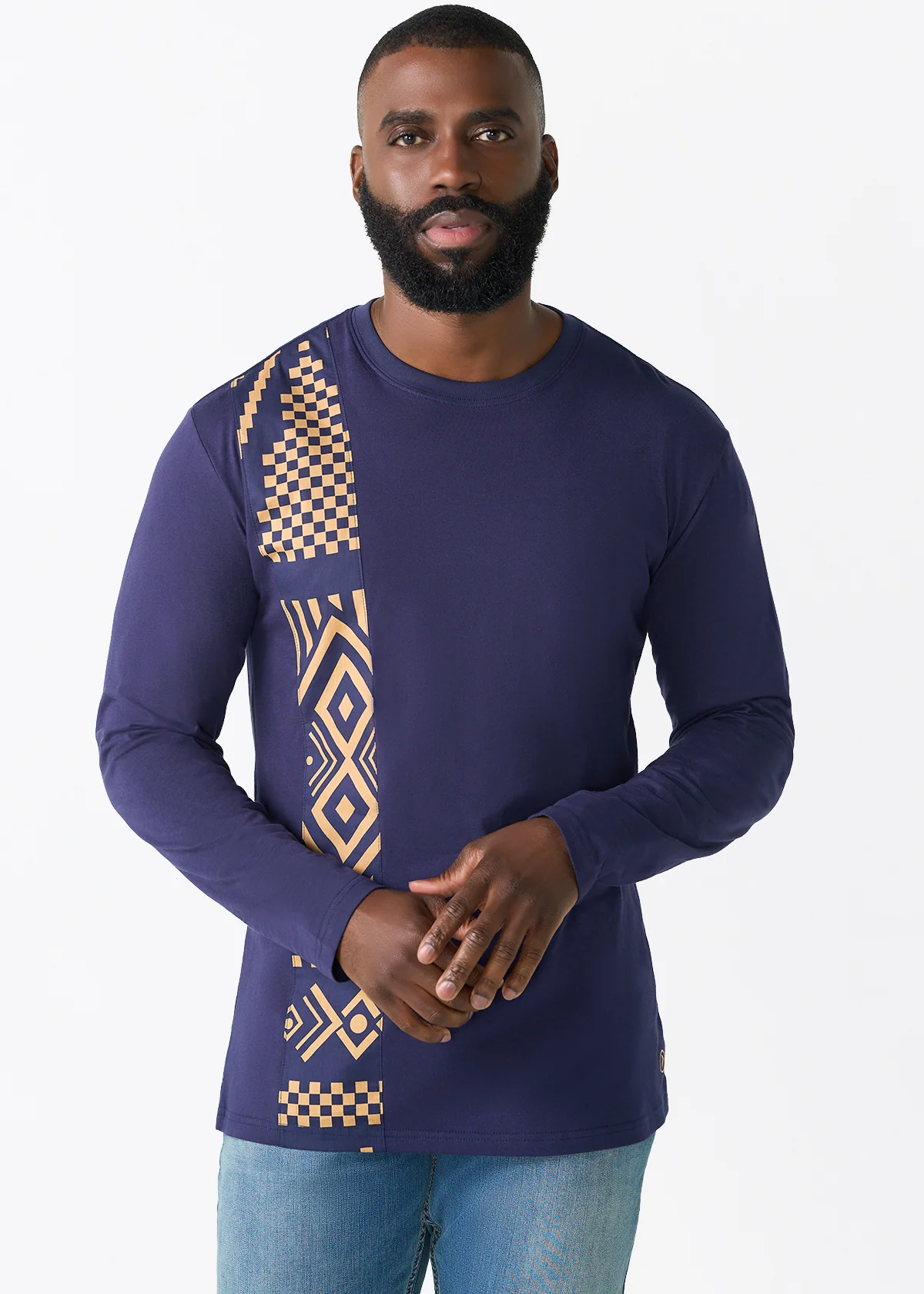 Addo Men's African Print Applique T-Shirt (Navy Tan Tribal) - Clearance