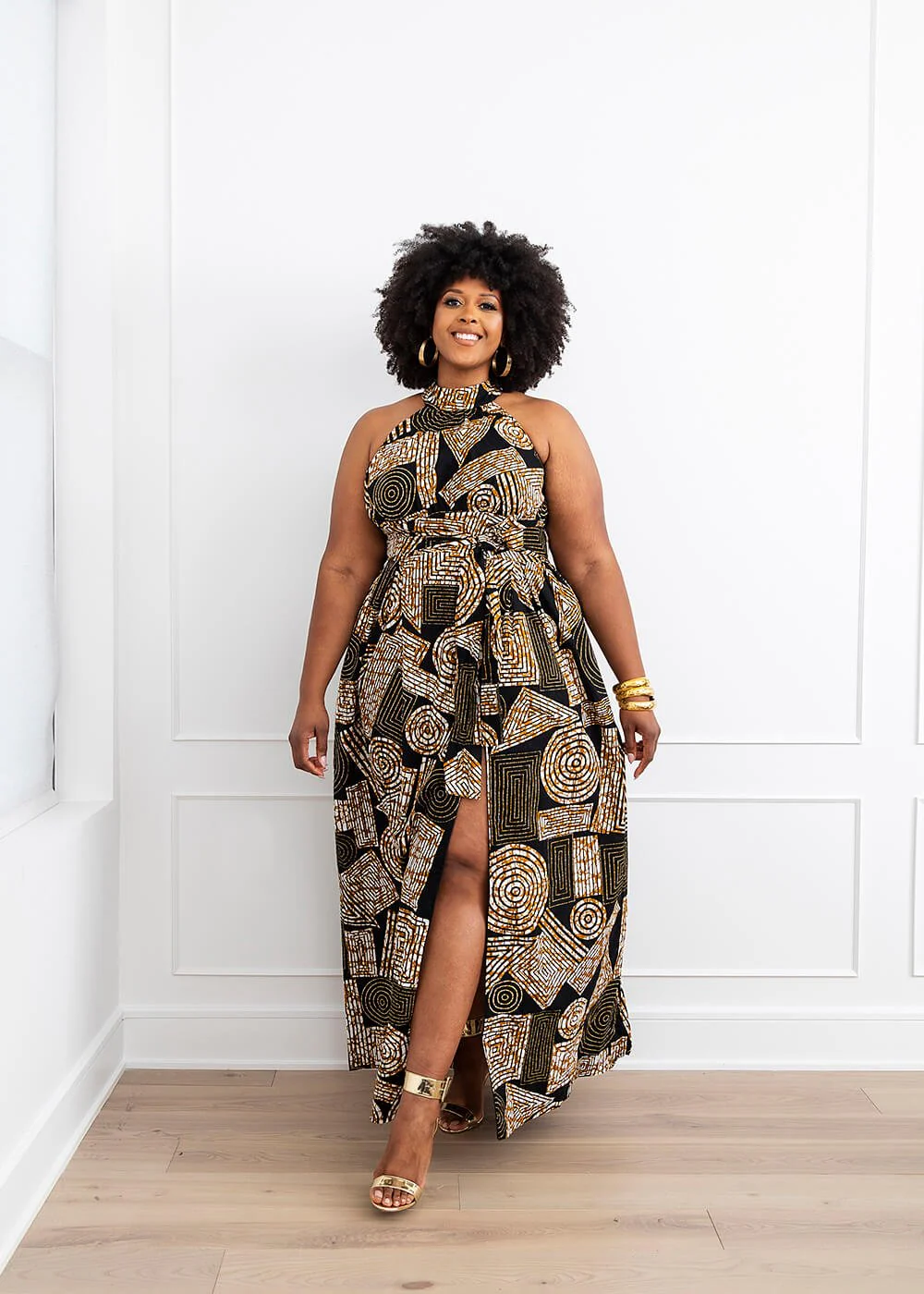 Ronke African Print Halter Maxi Dress (Black Brown Geometric) - Image 3