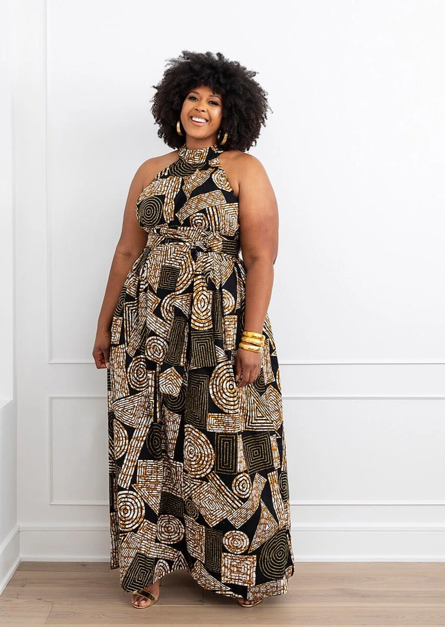 Ronke African Print Halter Maxi Dress (Black Brown Geometric) - Image 6