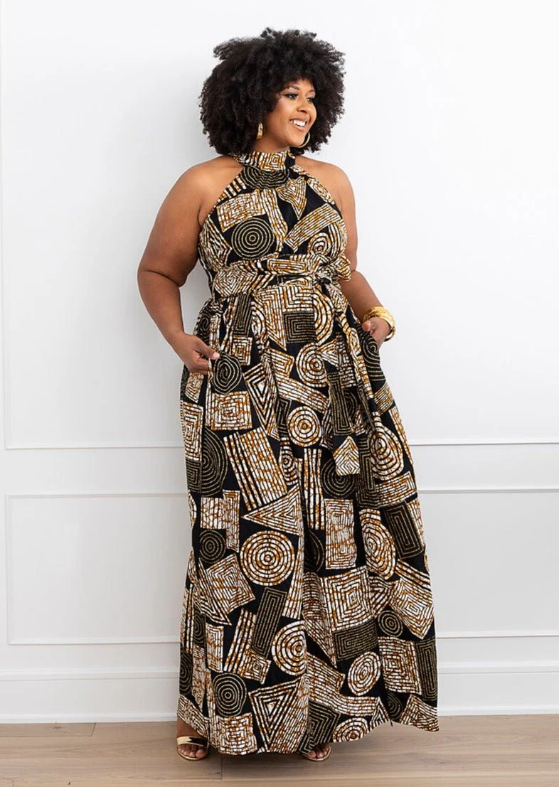 Ronke African Print Halter Maxi Dress (Black Brown Geometric) - Image 8