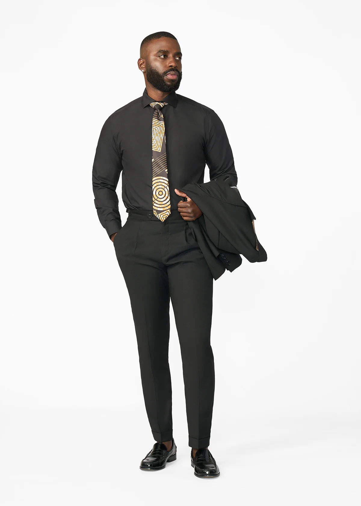 Ajani Men's African Print Satin Necktie and Pocket Square Set (Black Brown Geometric) - Image 2