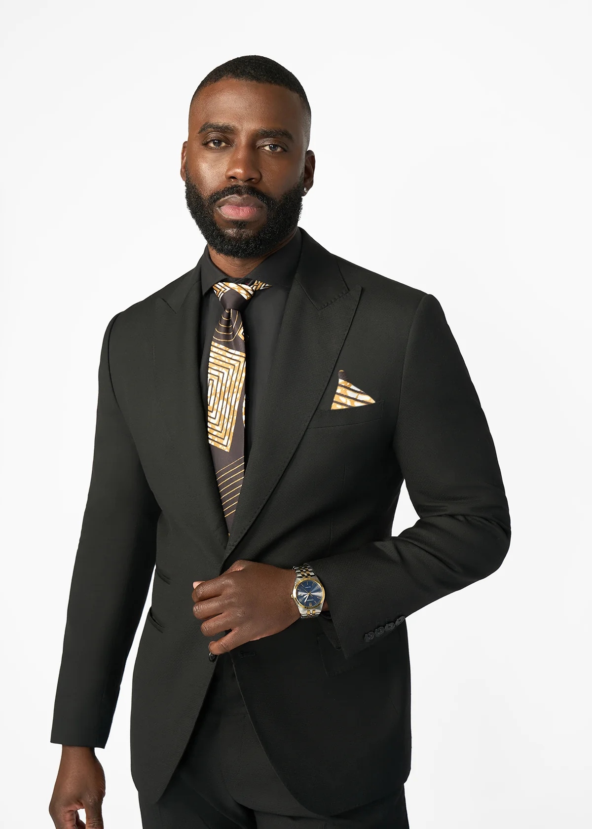 Ajani Men's African Print Satin Necktie and Pocket Square Set (Black Brown Geometric) - Image 3