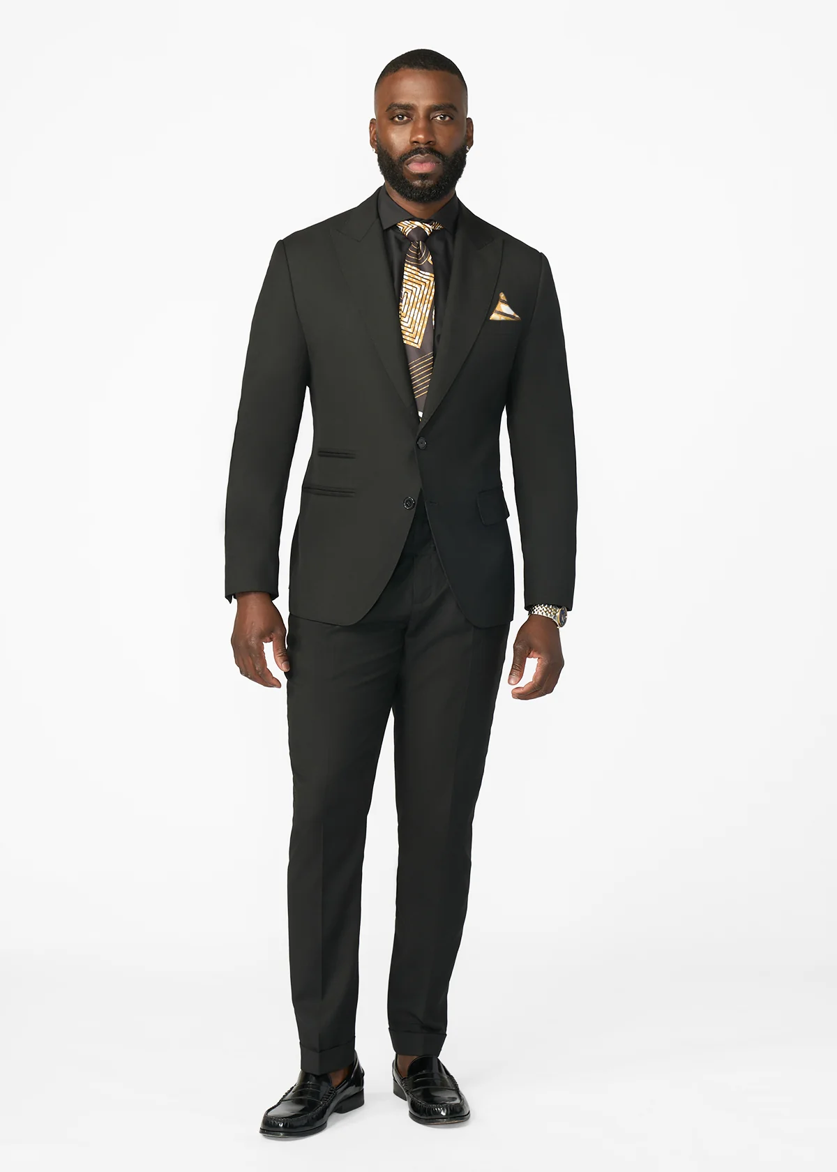 Ajani Men's African Print Satin Necktie and Pocket Square Set (Black Brown Geometric) - Image 4