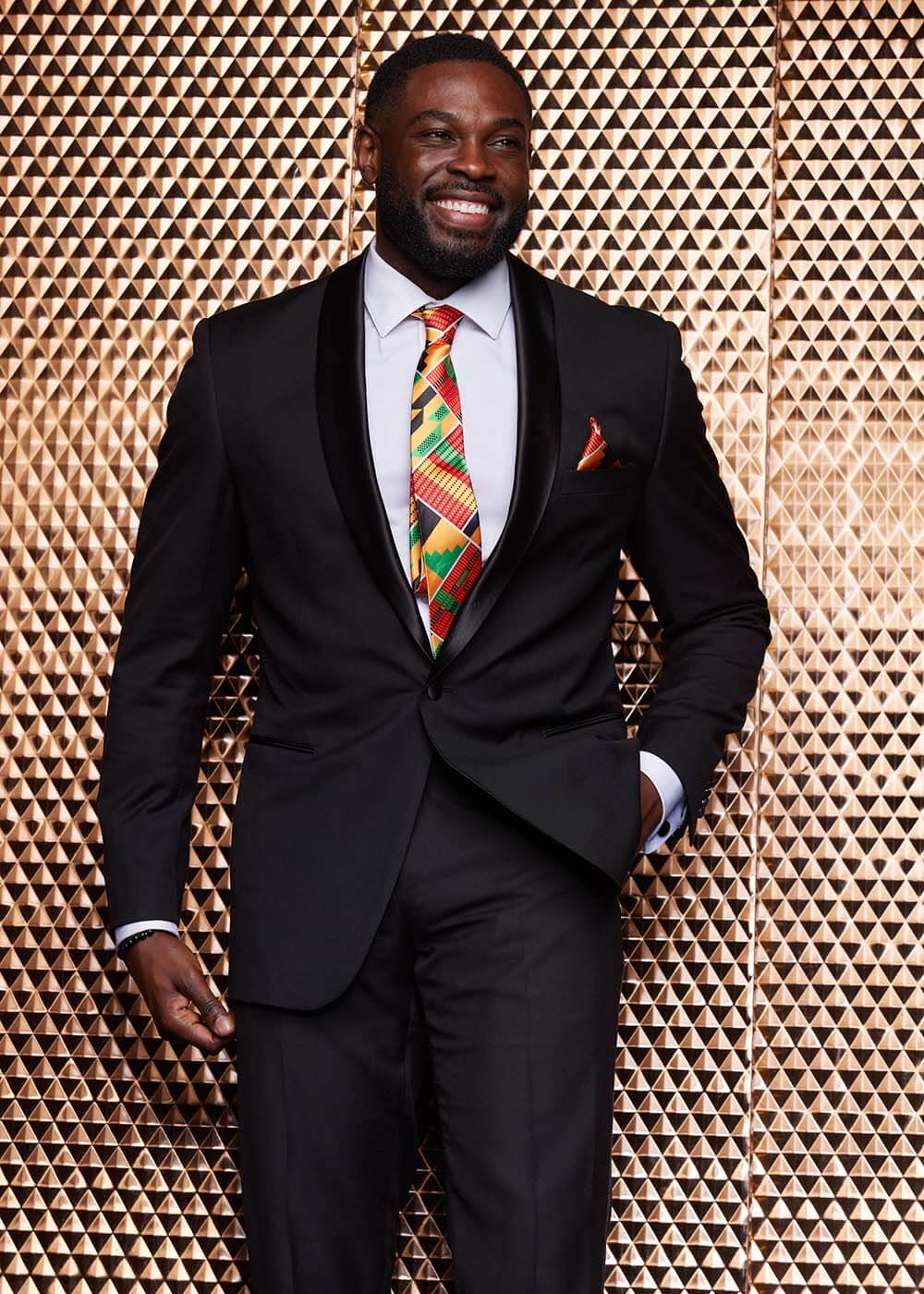 Ajani Men's African Print Satin Necktie and Pocket Square Set (Yellow Green Kente) - Image 2