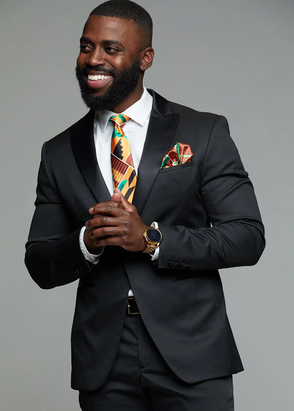 Ajani Men's African Print Satin Necktie and Pocket Square Set (Yellow Green Kente) - Image 3