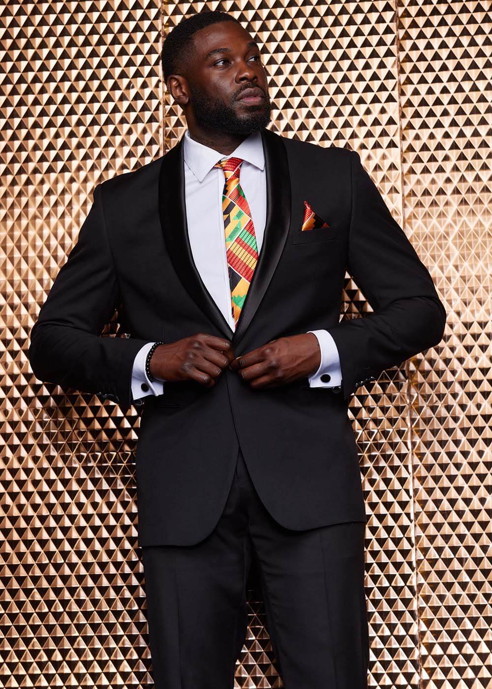 Ajani Men's African Print Satin Necktie and Pocket Square Set (Yellow Green Kente) - Image 5