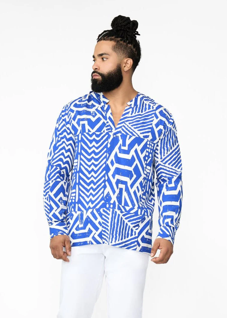 Ajisomo Men's African Print Tunic (White Cobalt Tribal) - Image 2