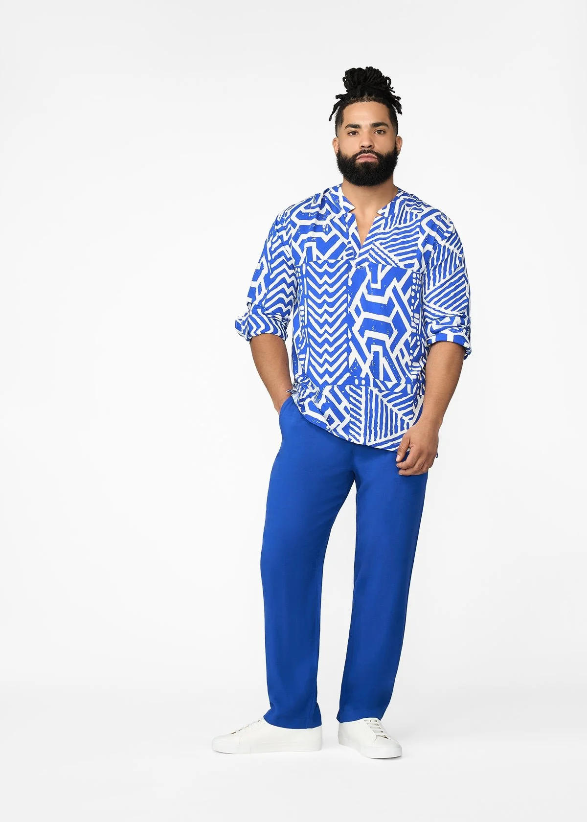Ajisomo Men's African Print Tunic (White Cobalt Tribal) - Image 8