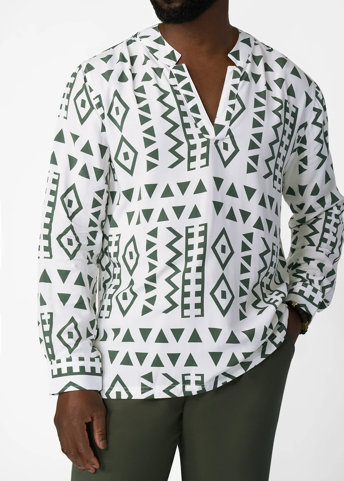 Ajisomo Men's African Print Tunic Shirt (White Olive Tribal) - Image 2