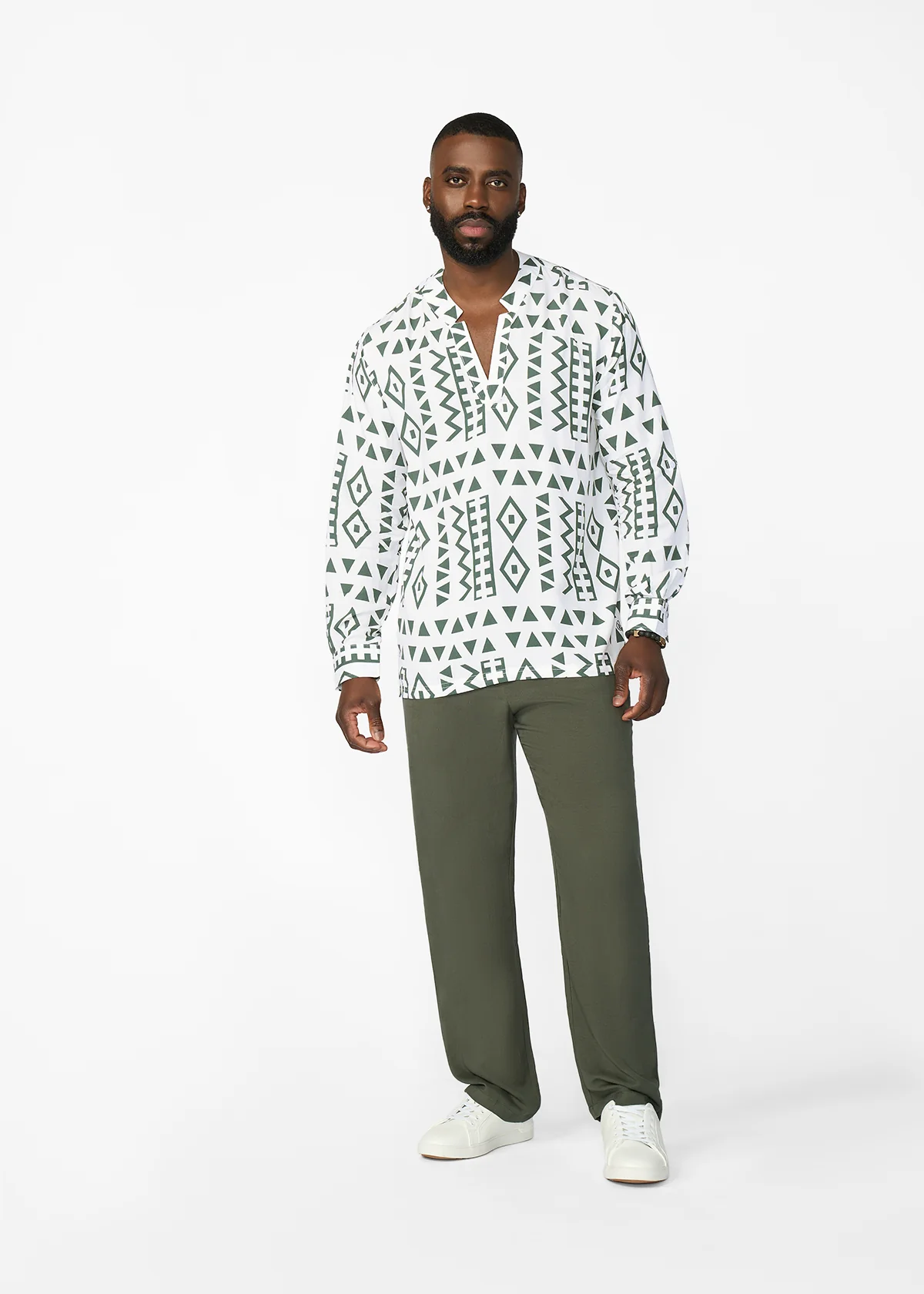 Ajisomo Men's African Print Tunic Shirt (White Olive Tribal) - Image 3