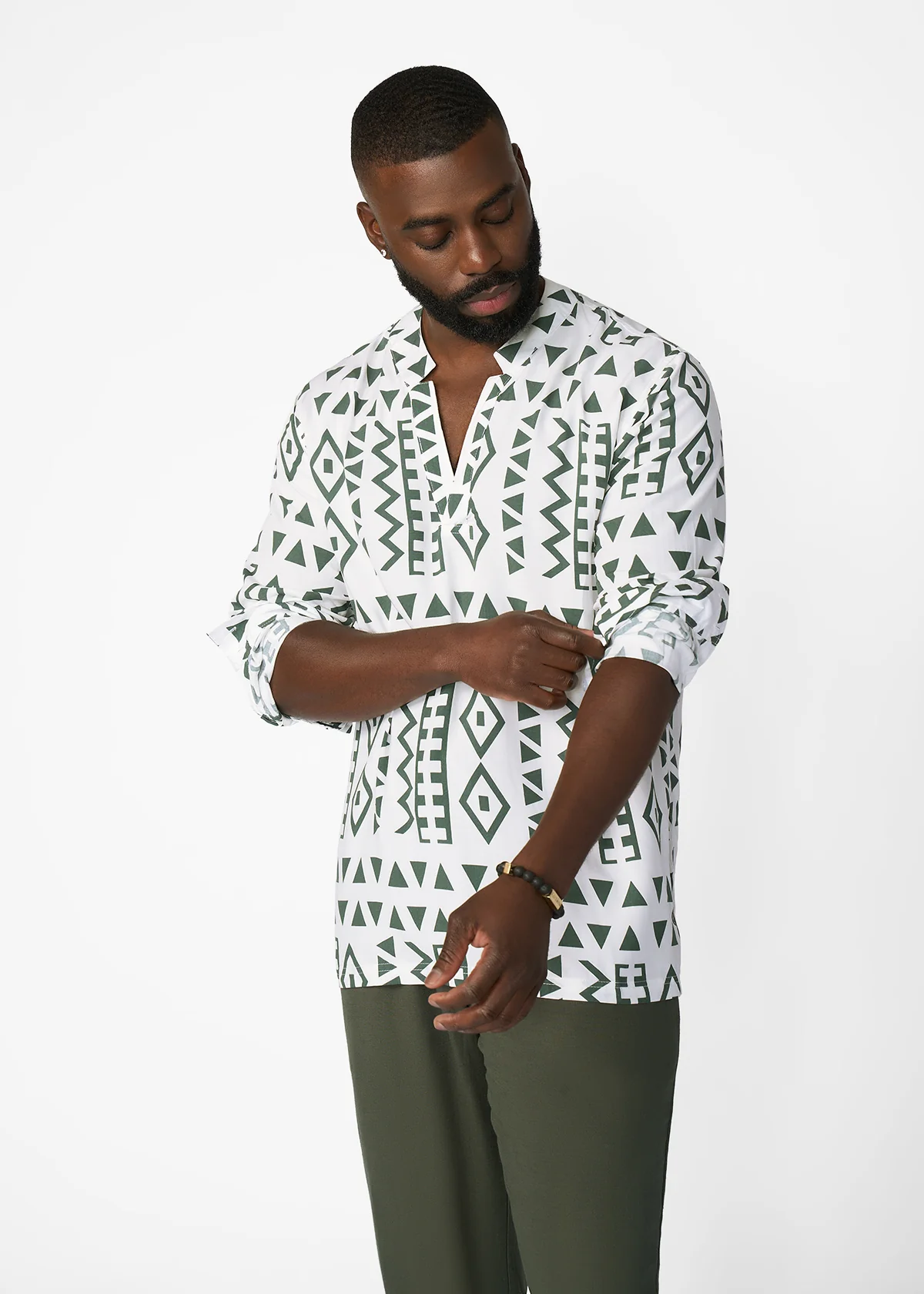 Ajisomo Men's African Print Tunic Shirt (White Olive Tribal) - Image 4
