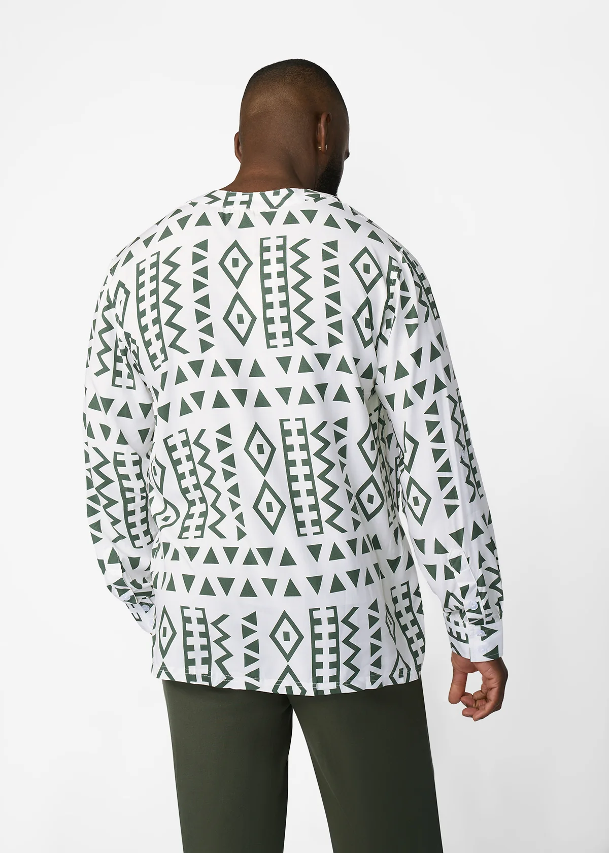 Ajisomo Men's African Print Tunic Shirt (White Olive Tribal) - Image 6