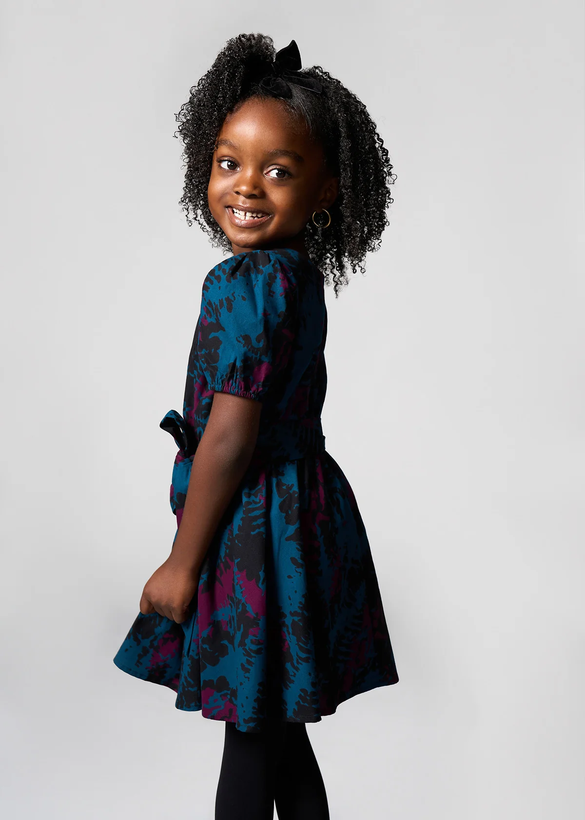 Akua Girl's African Print Dress (Midnight Teal Abstract) - Image 4
