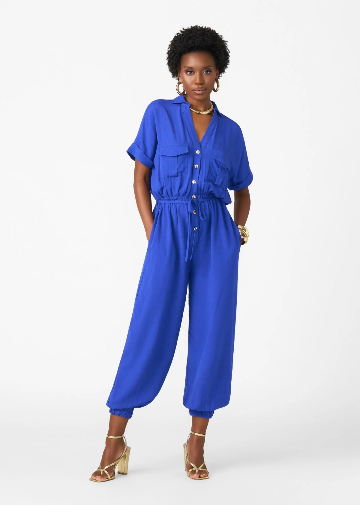 Alheri Women’s African Linen Blend Button Front Jumpsuit (Cobalt)