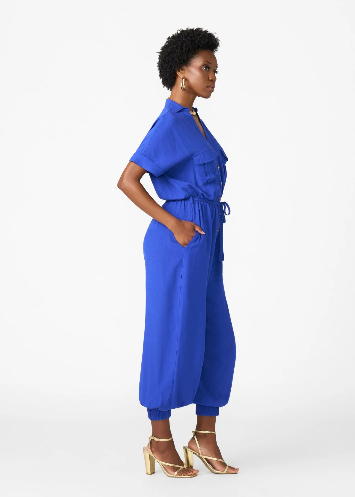 Alheri Women’s African Linen Blend Button Front Jumpsuit (Cobalt) - Image 4