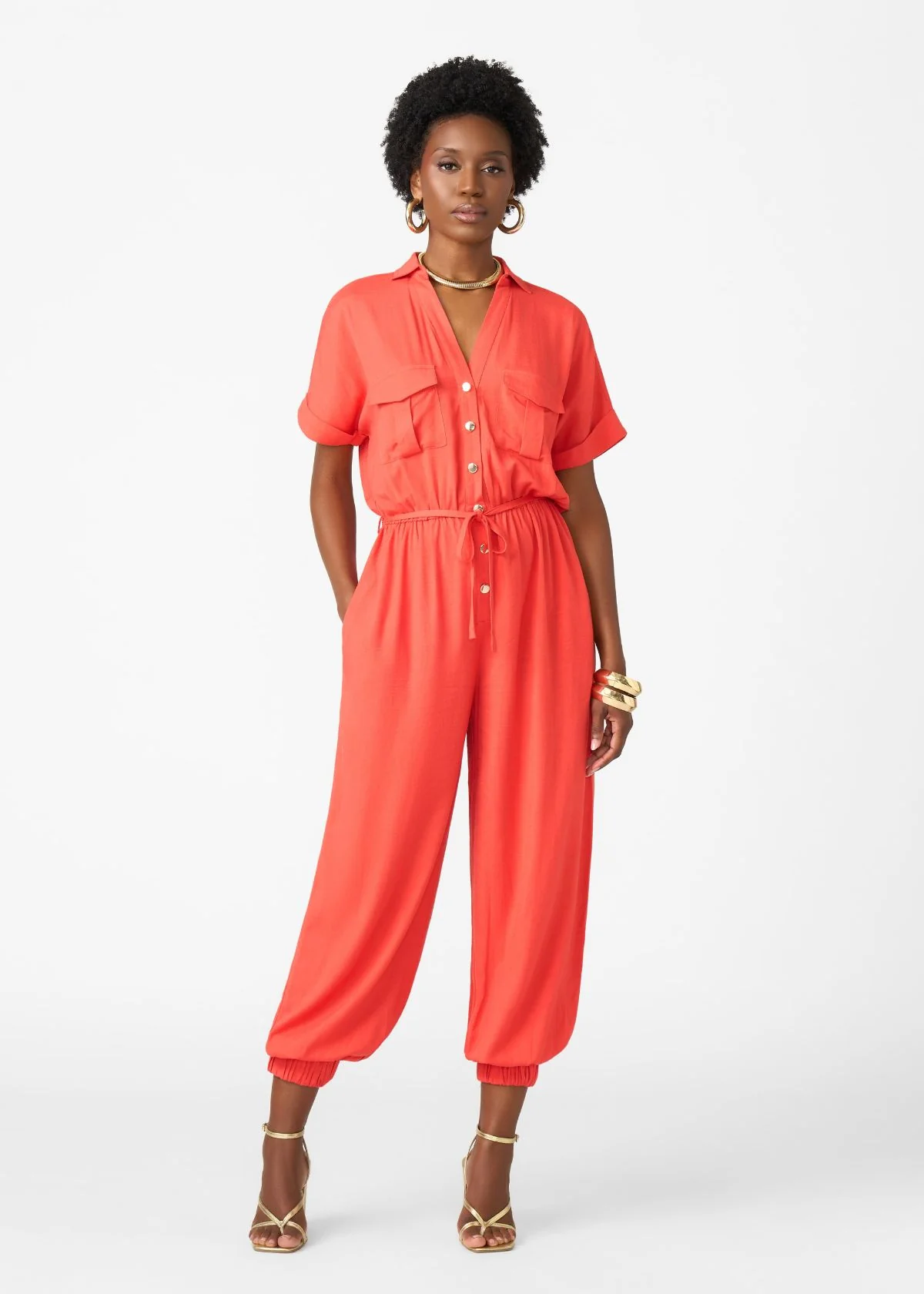 Alheri Women’s African Linen Blend Button Front Jumpsuit (Coral Red)