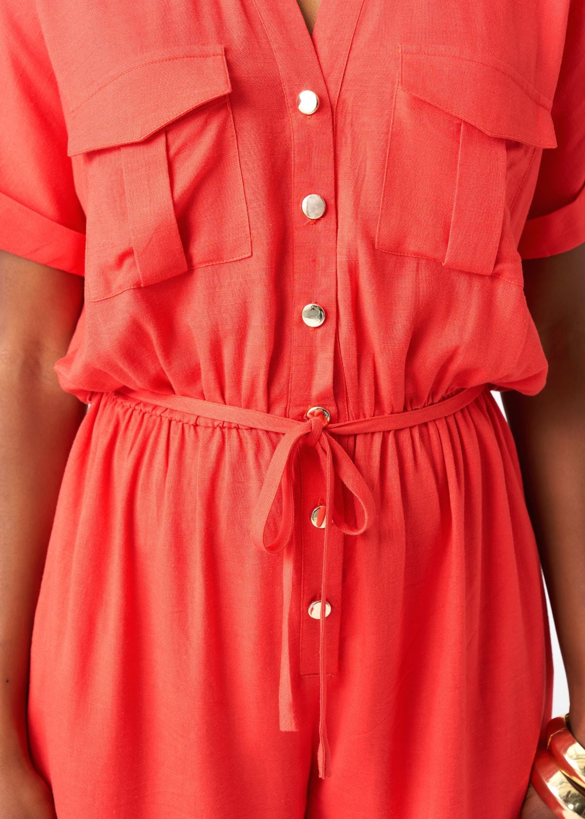 Alheri Women’s African Linen Blend Button Front Jumpsuit (Coral Red) - Image 2