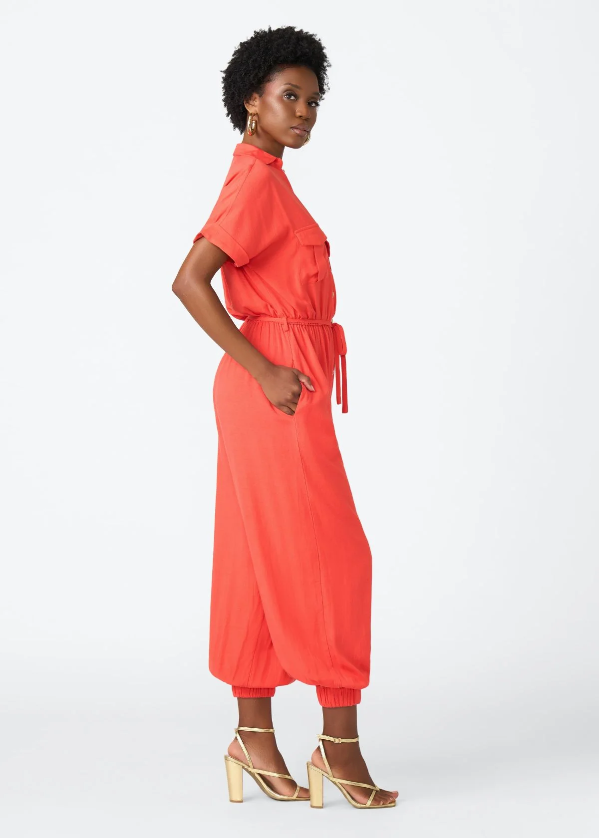Alheri Women’s African Linen Blend Button Front Jumpsuit (Coral Red) - Image 4