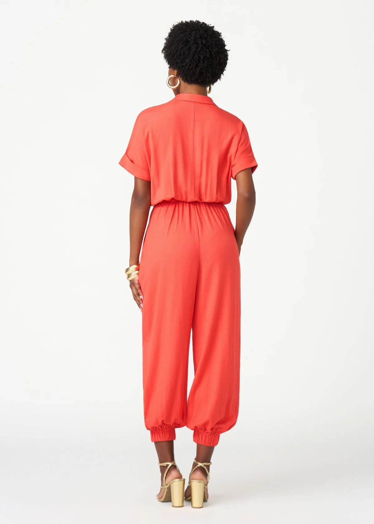 Alheri Women’s African Linen Blend Button Front Jumpsuit (Coral Red) - Image 5