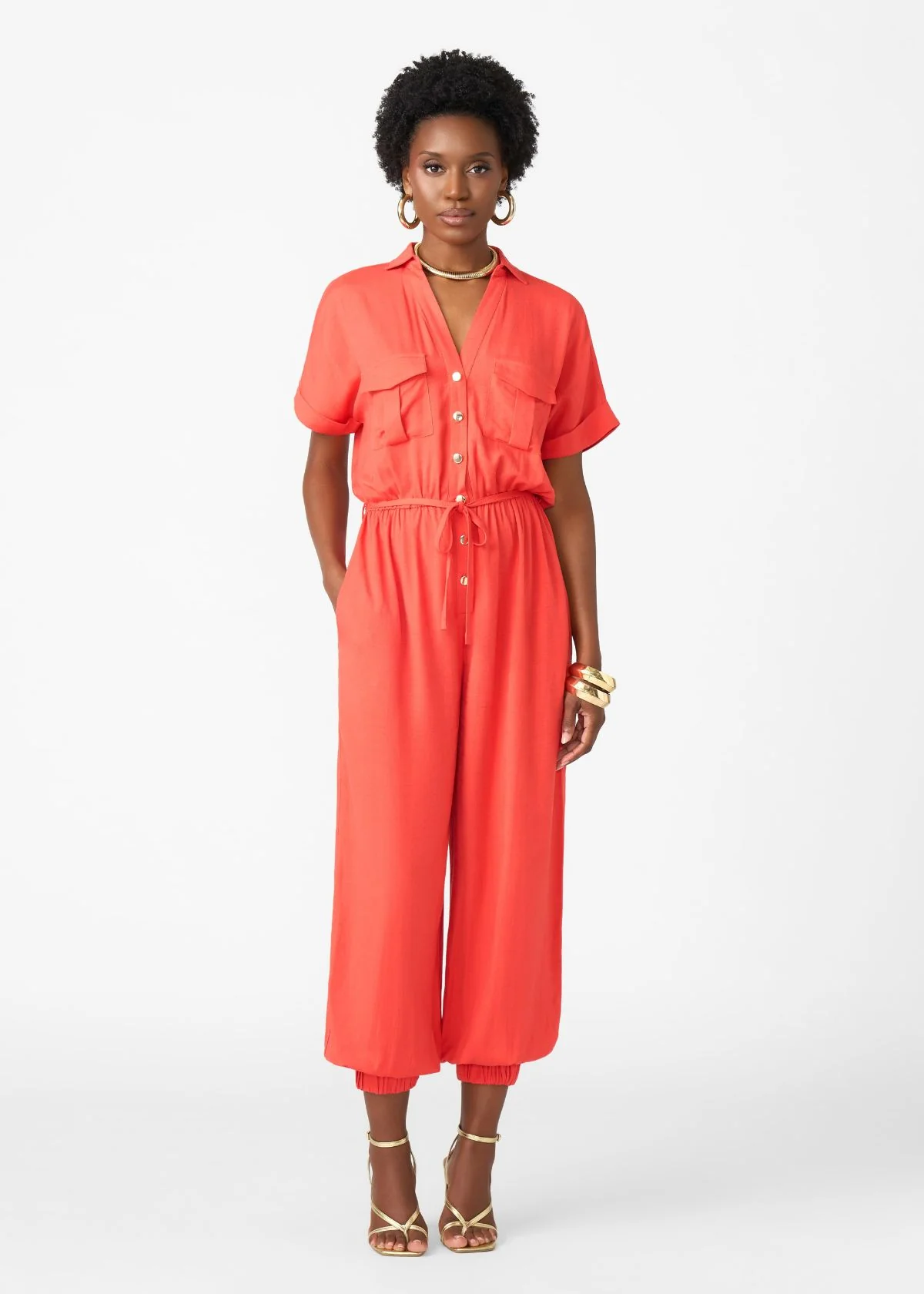 Alheri Women’s African Linen Blend Button Front Jumpsuit (Coral Red) - Image 6