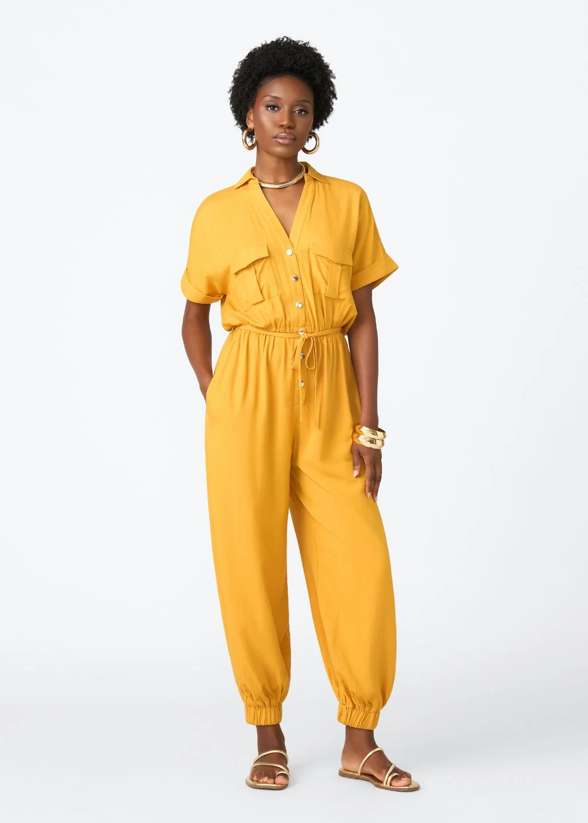 Alheri Women’s African Linen Blend Button Front Jumpsuit (Gold)