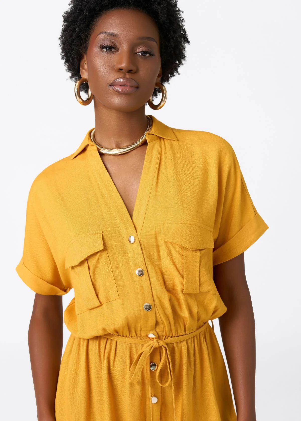 Alheri Women’s African Linen Blend Button Front Jumpsuit (Gold) - Image 2