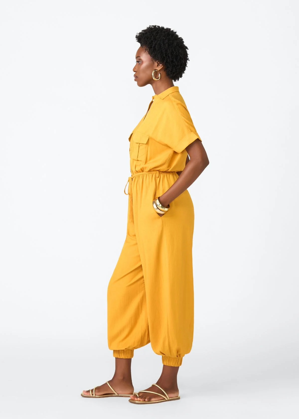 Alheri Women’s African Linen Blend Button Front Jumpsuit (Gold) - Image 3