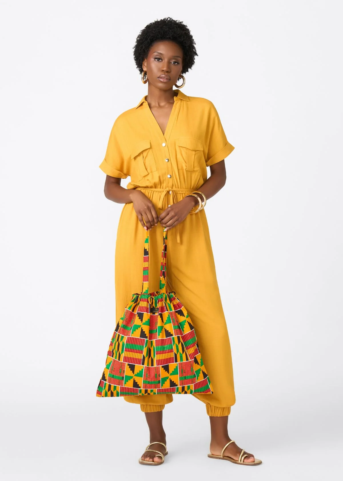 Alheri Women’s African Linen Blend Button Front Jumpsuit (Gold) - Image 6