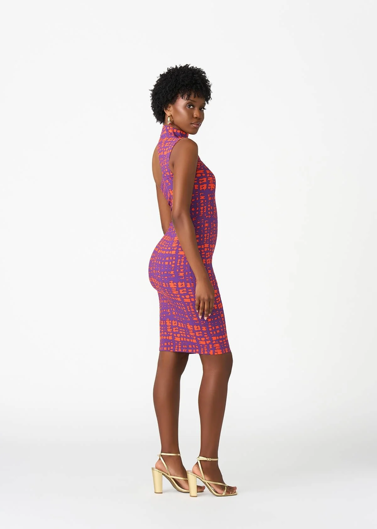 Amaka Women's African Print Stretch Dress (Purple Tangerine Adire) - Image 5