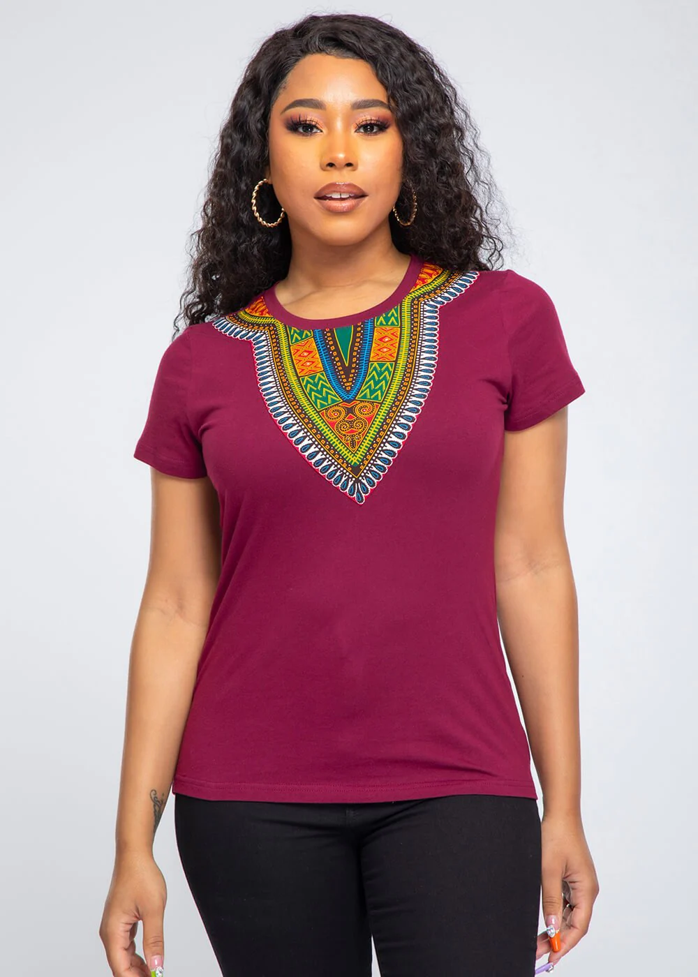 Amara Women's Dashiki T-Shirt (Deep Maroon)