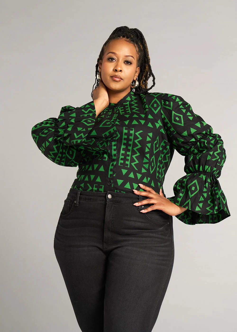 Amari Women's African Print Button-Up Top (Moss Black Geometric) - Image 2