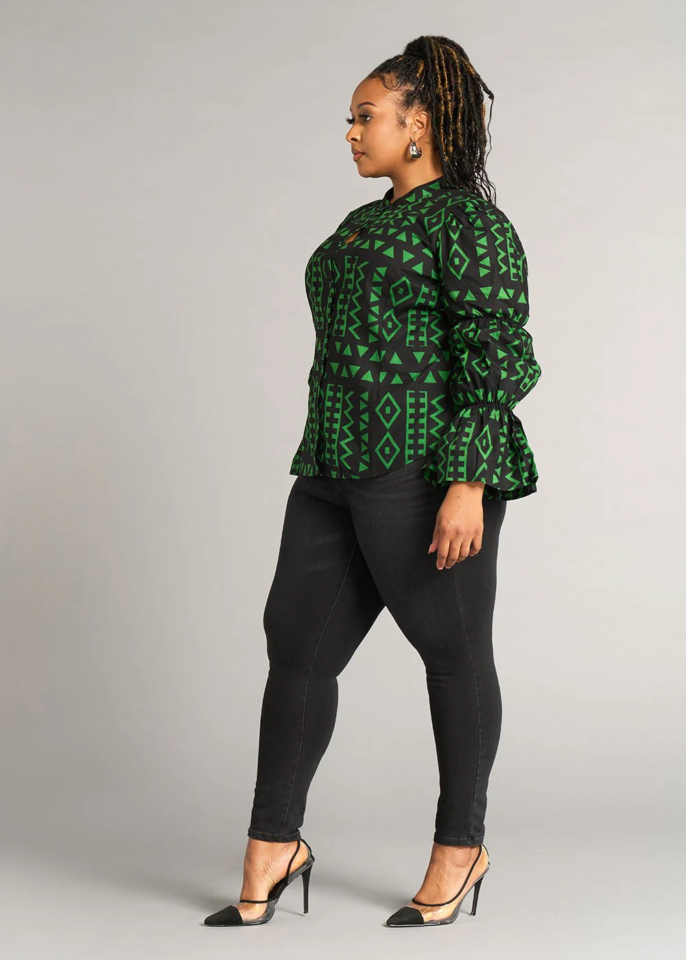 Amari Women's African Print Button-Up Top (Moss Black Geometric) - Image 3