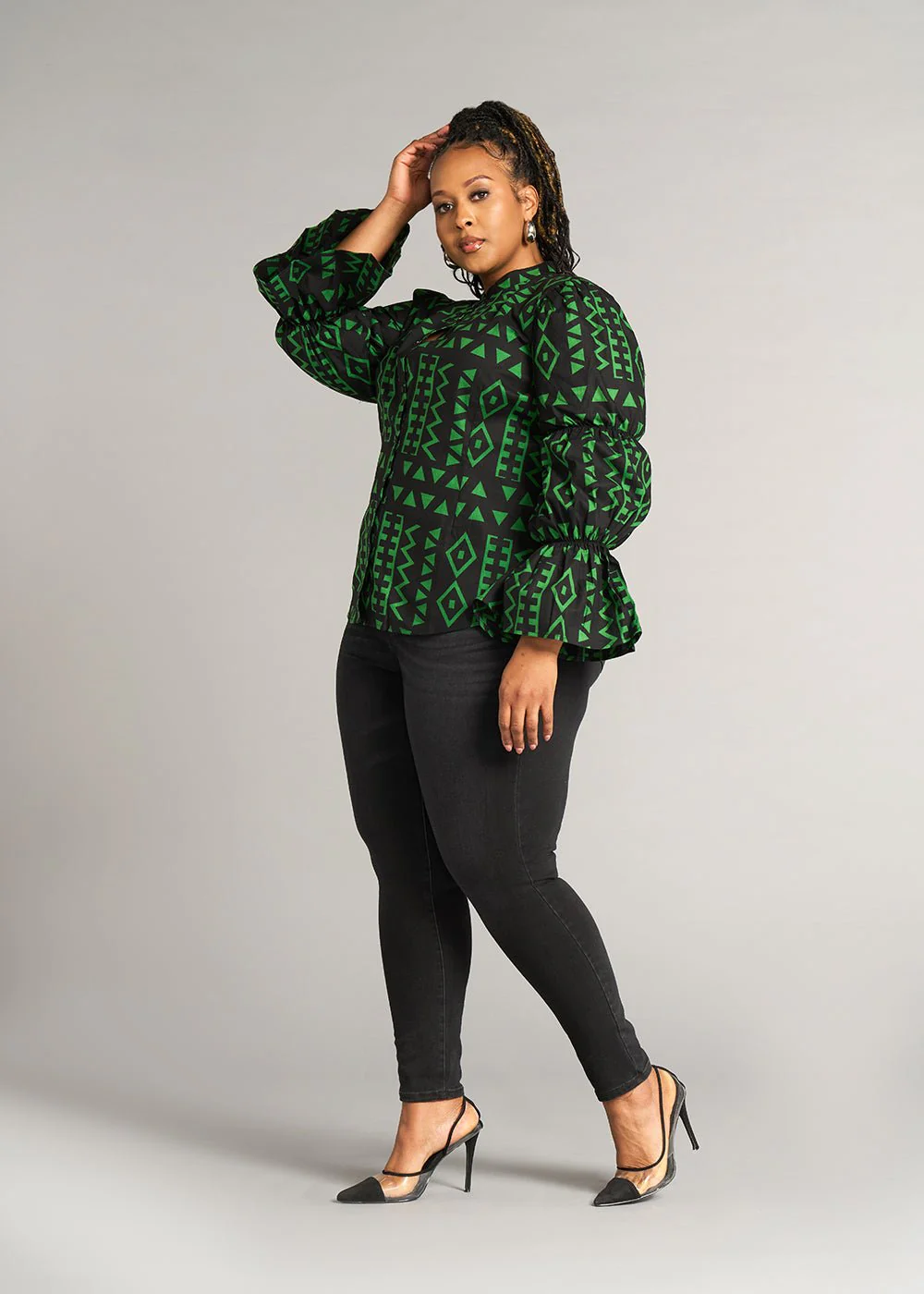Amari Women's African Print Button-Up Top (Moss Black Geometric) - Image 4