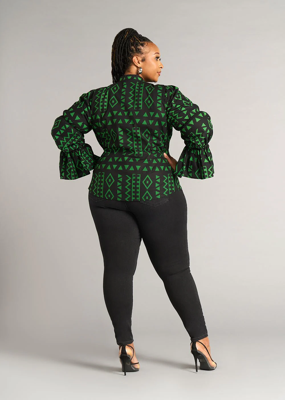 Amari Women's African Print Button-Up Top (Moss Black Geometric) - Image 5